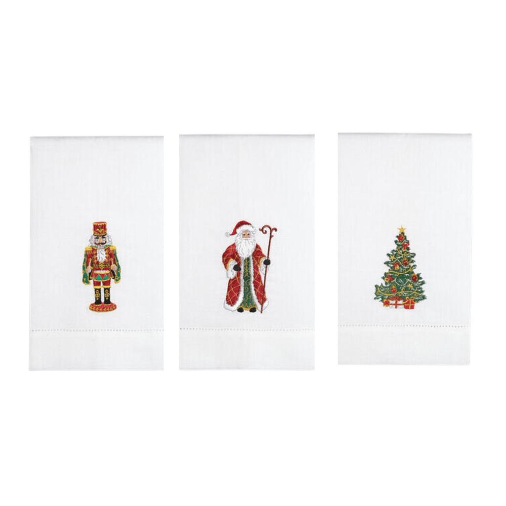 Set of 6 Nutcracker, Santa, And Christams Tree Embroidered Hand Towels - Christmas Hand Towels - The Well Appointed House