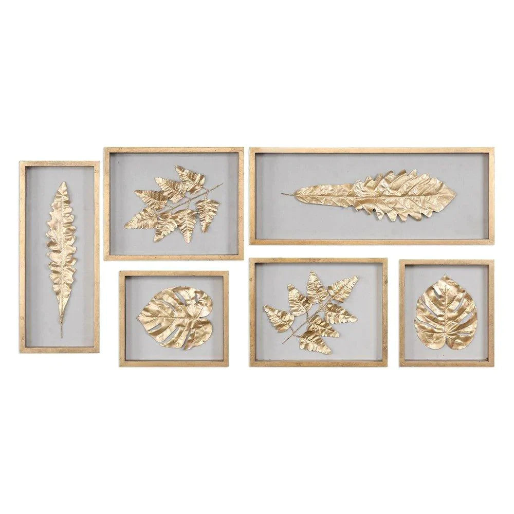 Set of 6 Silk Fabric Golden Leaves in Wooden Shadow Box Finished with Gold Leaf - Framed Objects, Maps & Posters - The Well Appointed House