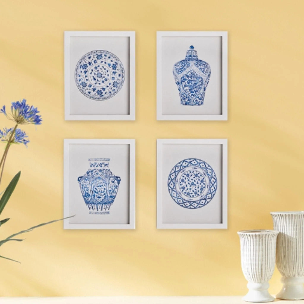Set of Four Blue and White Dynasty Petite Prints in Gray Frames - Paintings - The Well Appointed House