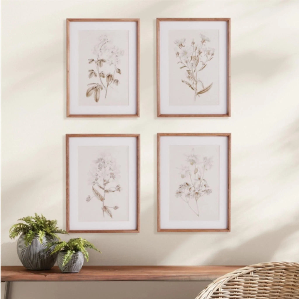 Set of Four Fleur De Blanc Prints in Natural Wood Frames - Paintings - The Well Appointed House
