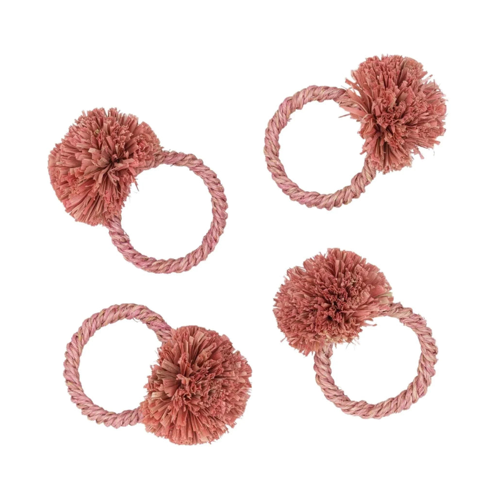 Set of Four Pink Straw Pompom Napkin Rings - Placemats & Napkin Rings - The Well Appointed House