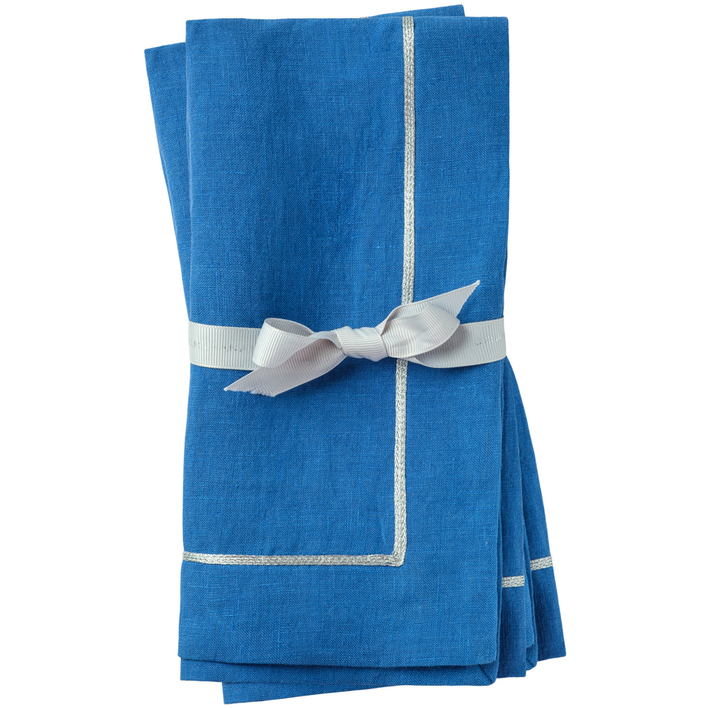 Silver Trim Dinner Napkins in Bright Blue, Set of Two - The Well Appointed House 