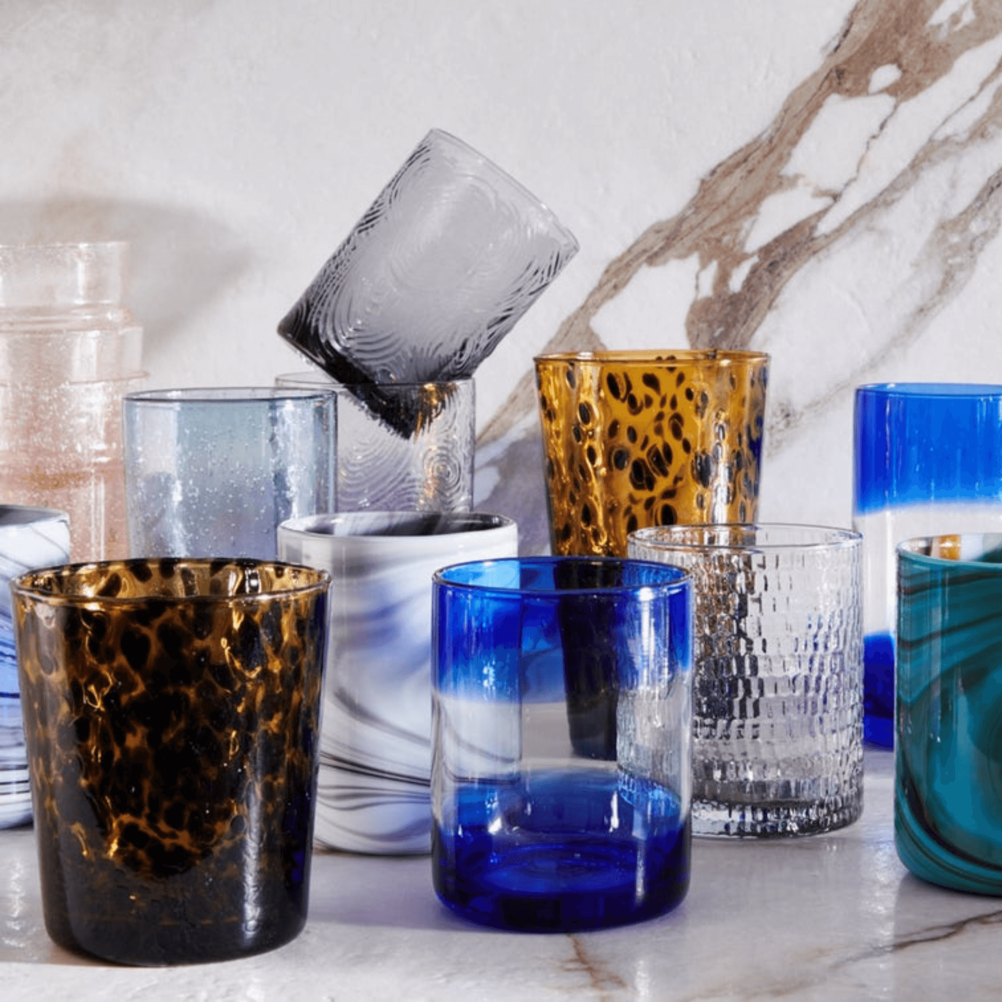 Unique Handblown Glass Water Tumblers Drinkware (Set of 6) - Marine