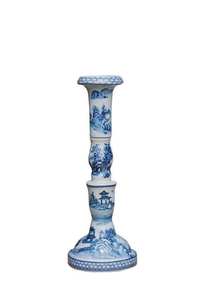 Set of Two Blue and White Chinoiserie Porcelain Candle Stand - Candlesticks & Candles - The Well Appointed House