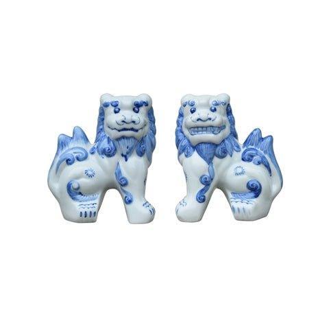 Set of Two Blue and White Porcelain Foo Dog Statues - Decorative Objects - The Well Appointed House