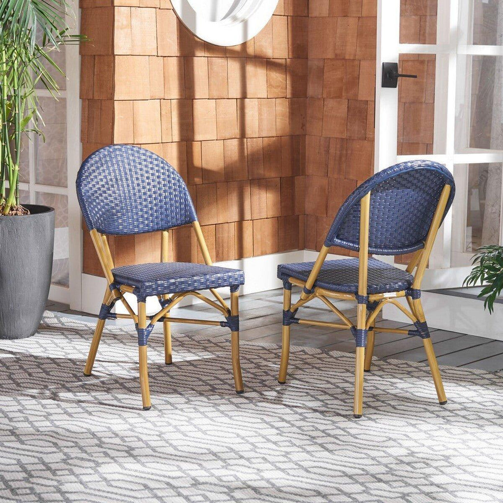 Set of Two Blue PE Wicker & Faux Bamboo Indoor-Outdoor Bistro Chairs - Outdoor Dining Tables & Chairs - The Well Appointed House