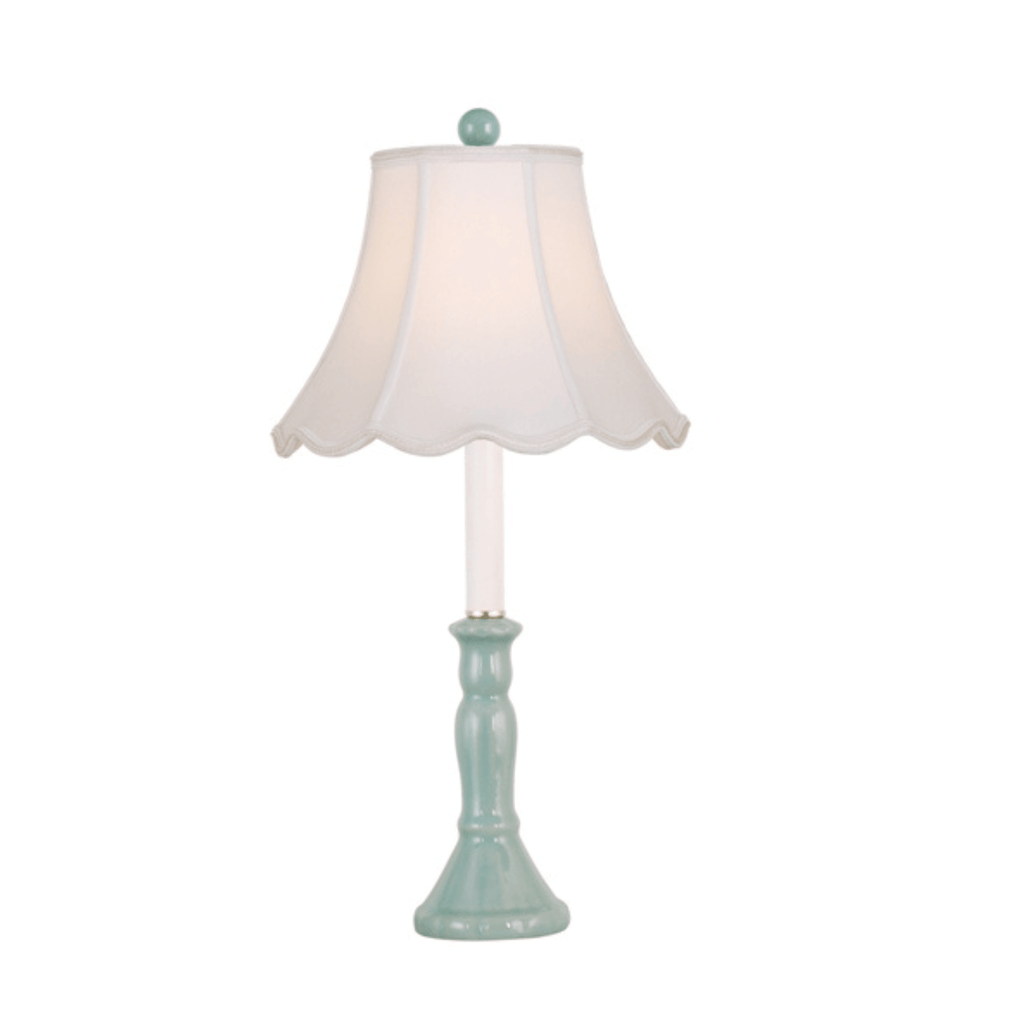 Set of Two - Celadon Porcelain Candlestick Lamps With Scalloped Shades - Table Lamps - The Well Appointed House