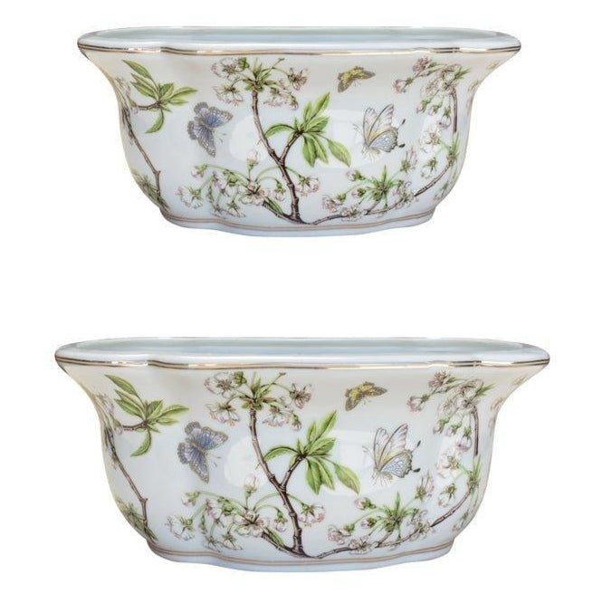 indoor oval planter Set of Two Cherry Blossoms Porcelain Oval Planters