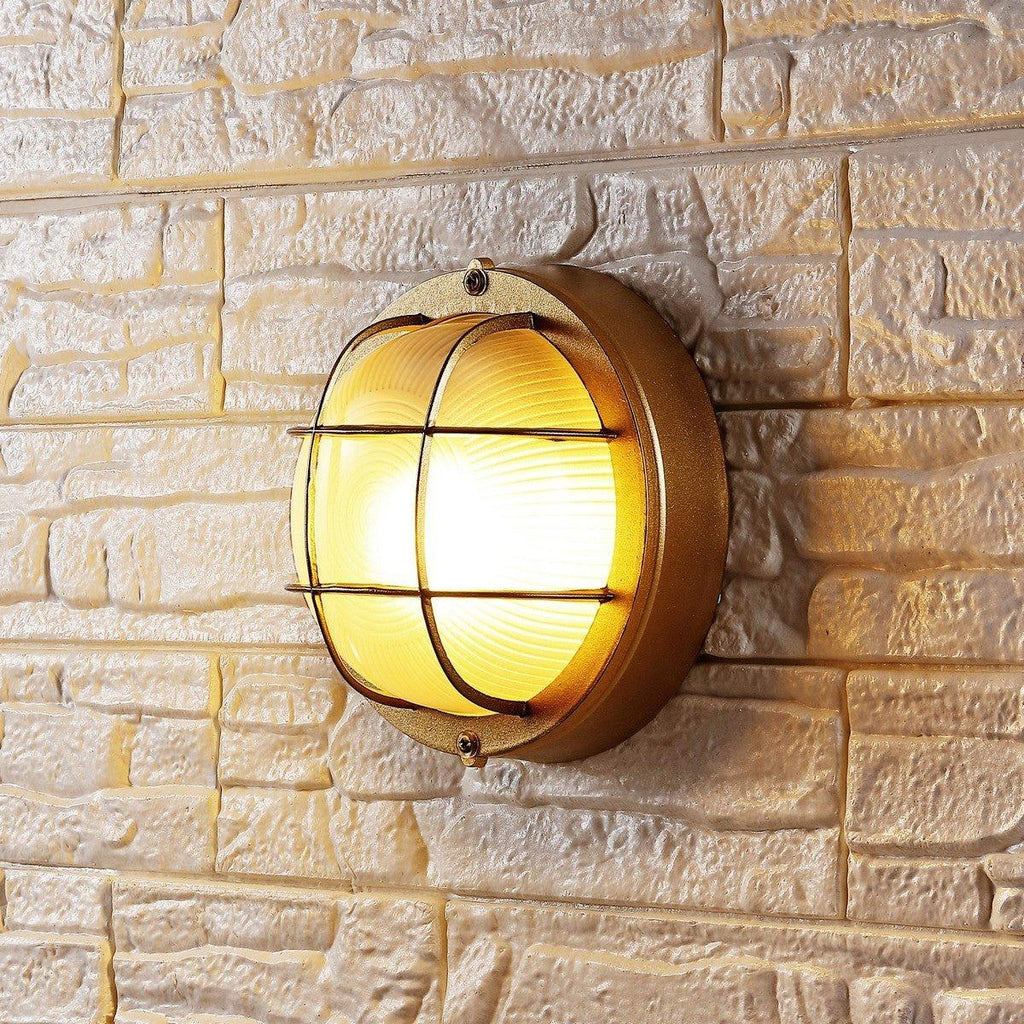 Set of Two Gold Finish Industrial Grid Outdoor Wall Sconces - Outdoor Lighting - The Well Appointed House
