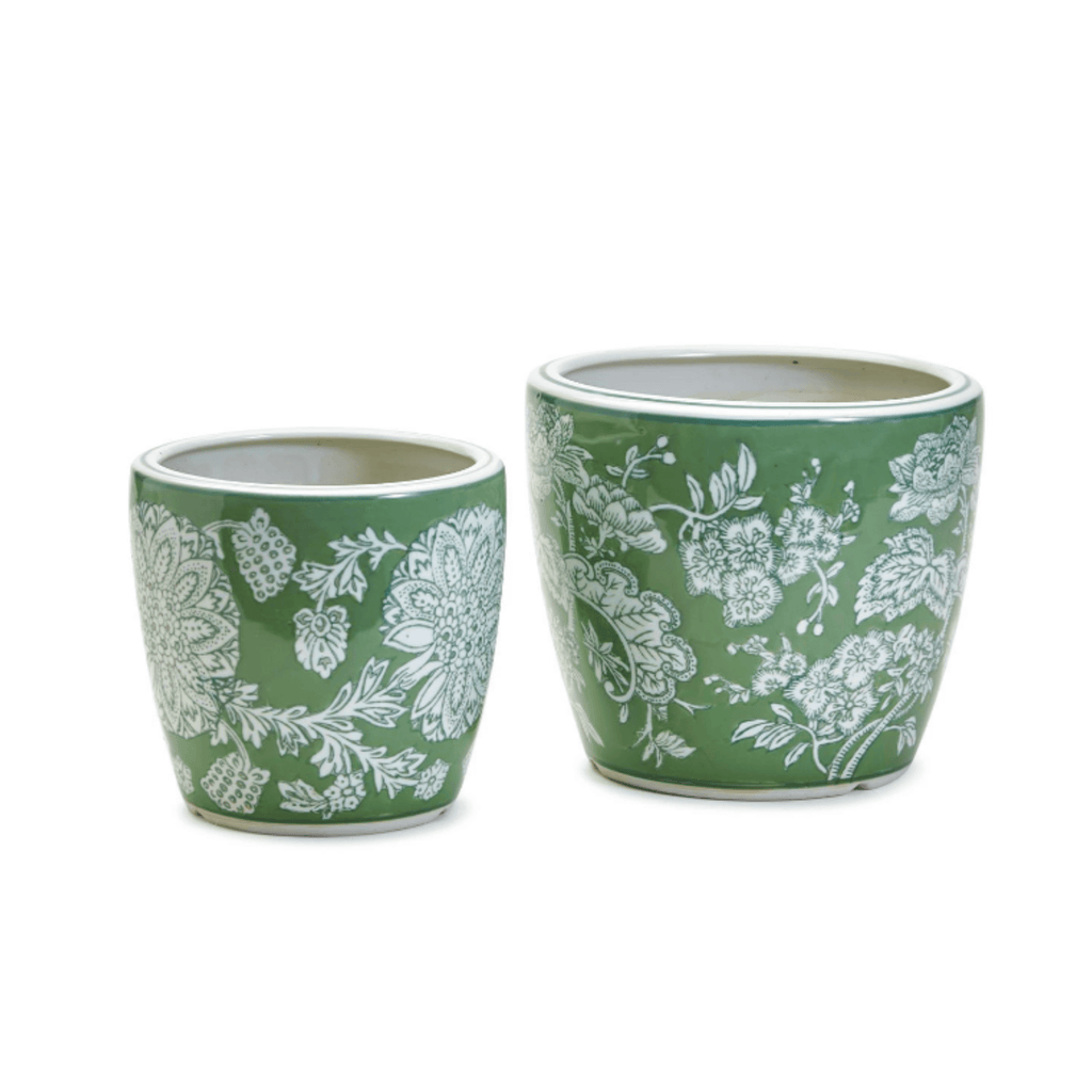 Set of Two Green & White Countryside Cachepots / Vases - Indoor Planters - The Well Appointed House