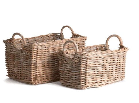 Set of Two Rattan Rectangular Baskets with Circle Handles The