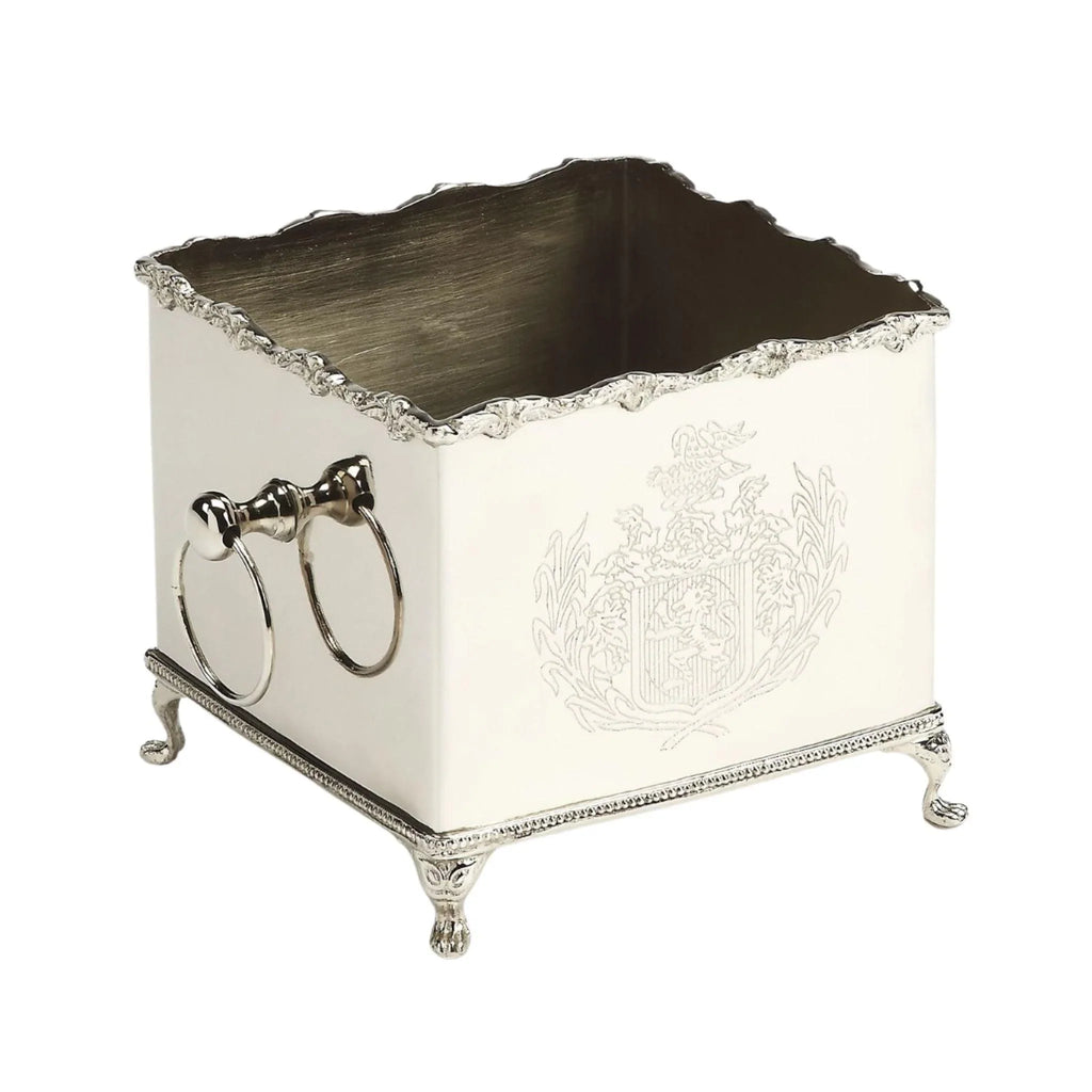 Silver Hued Brass Box Planter with Legs and Engraving Detail - Indoor Planters - The Well Appointed House