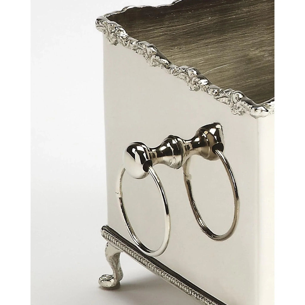 Silver Hued Brass Box Planter with Legs and Engraving Detail - Indoor Planters - The Well Appointed House
