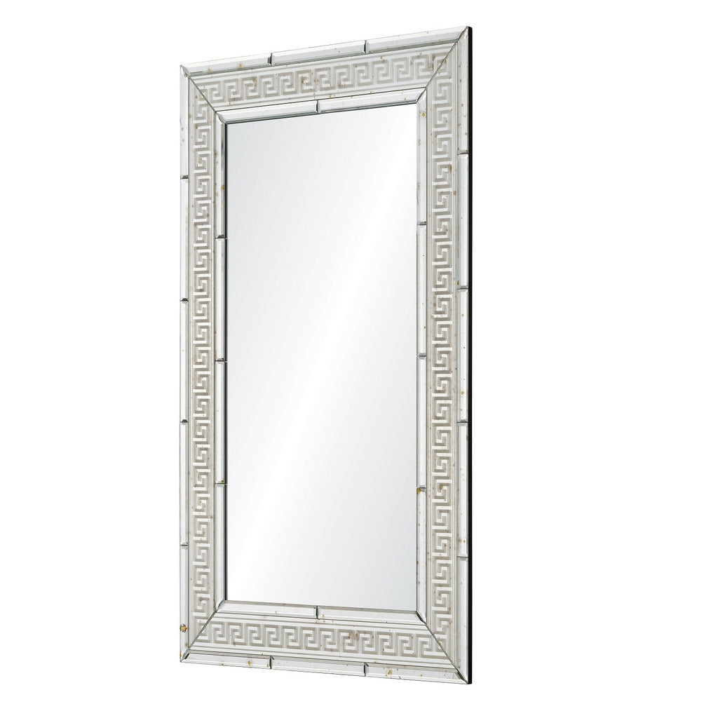 Suzanne Kasler Antiqued Mirror With Silver Greek Key Frame Wall Mirror - Wall Mirrors - The Well Appointed House