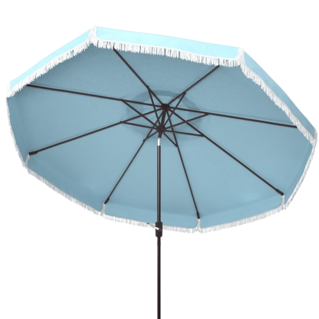 Sky Blue with White Fringe 9' Crank Outdoor Patio Umbrella - Outdoor Umbrellas - The Well Appointed House