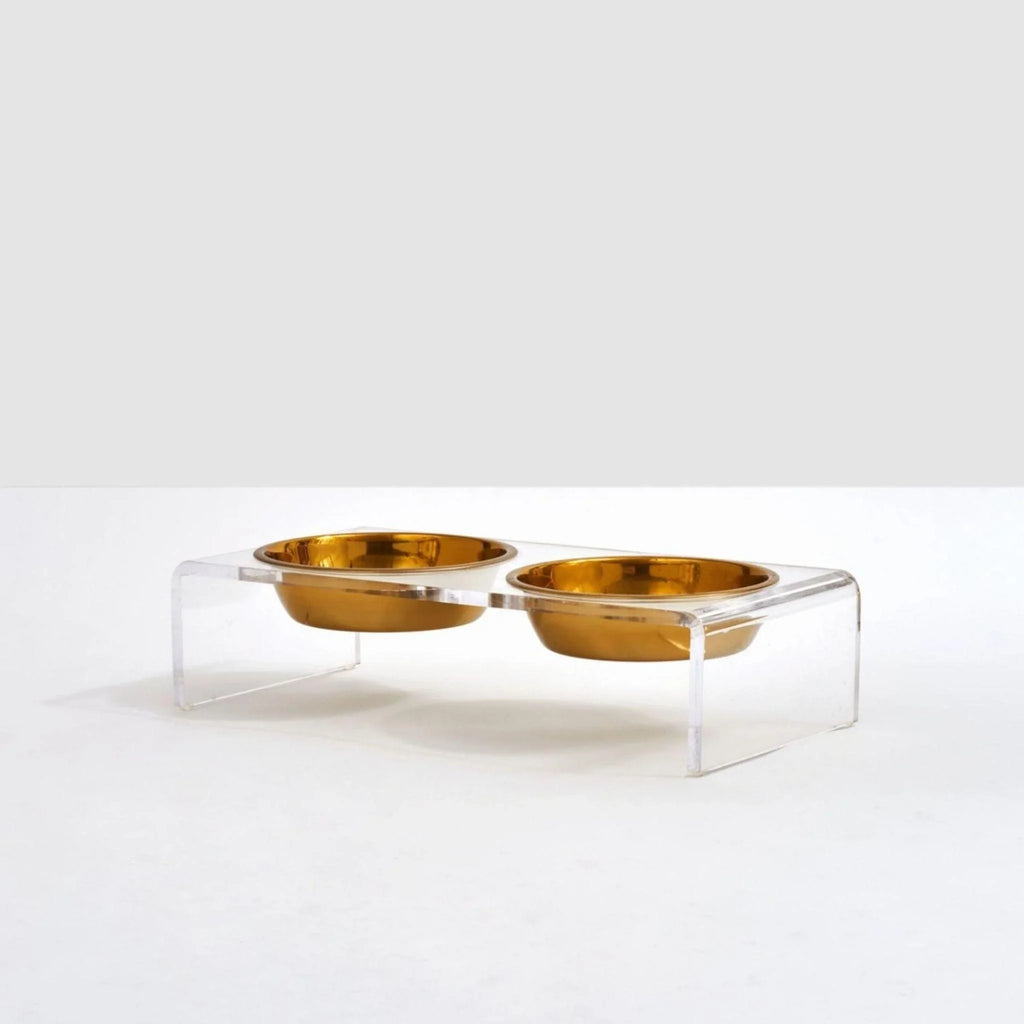 Small Clear Double Cat Bowl Feeder with Gold Bowls - Pet Accessories - The Well Appointed House