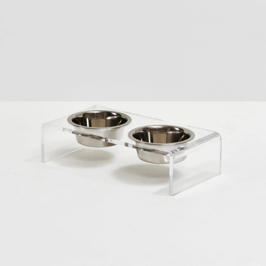 Small Clear Double Cat Bowl Feeder with Silver Bowls - Pet Accessories - The Well Appointed House