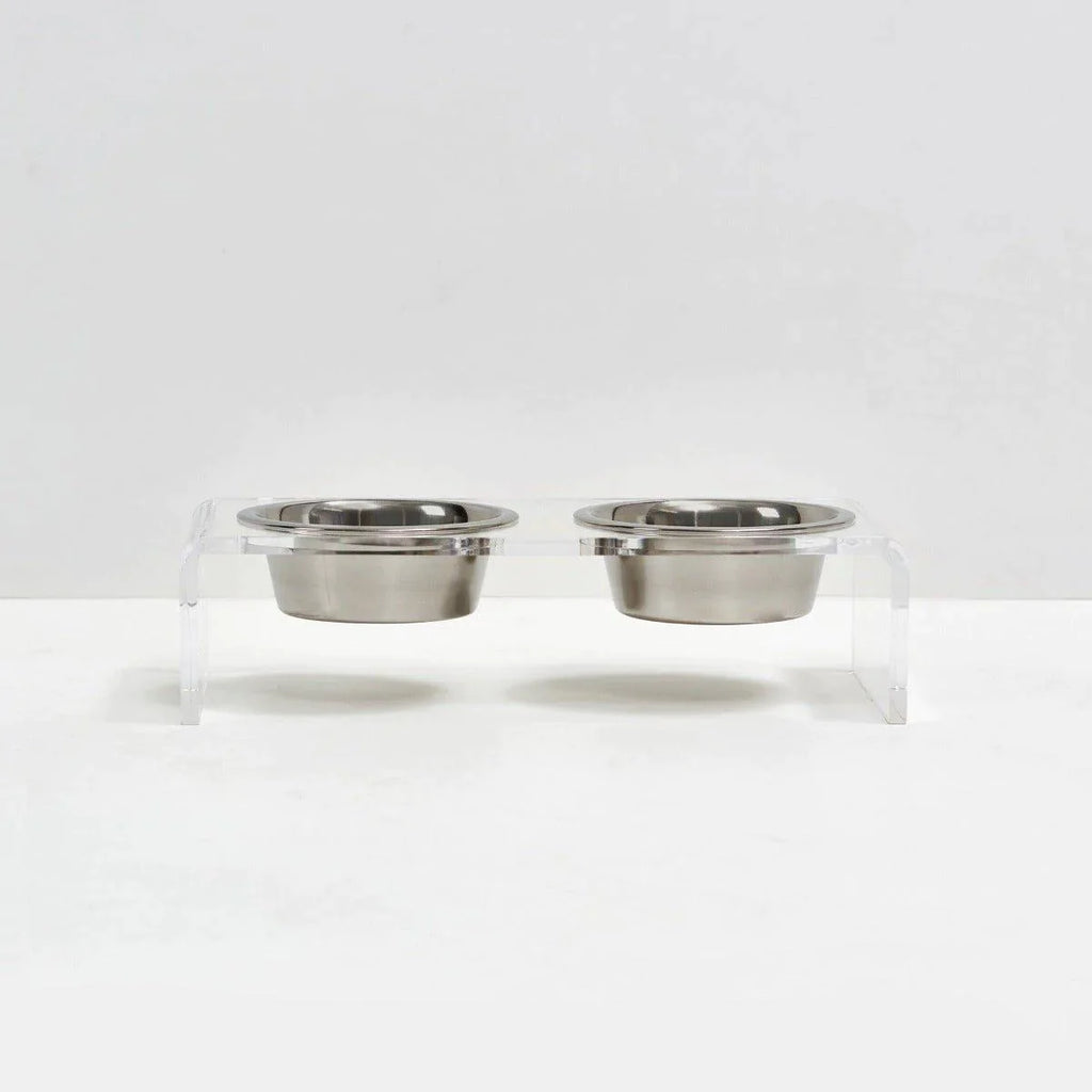 Small Clear Double Cat Bowl Feeder with Silver Bowls - Pet Accessories - The Well Appointed House