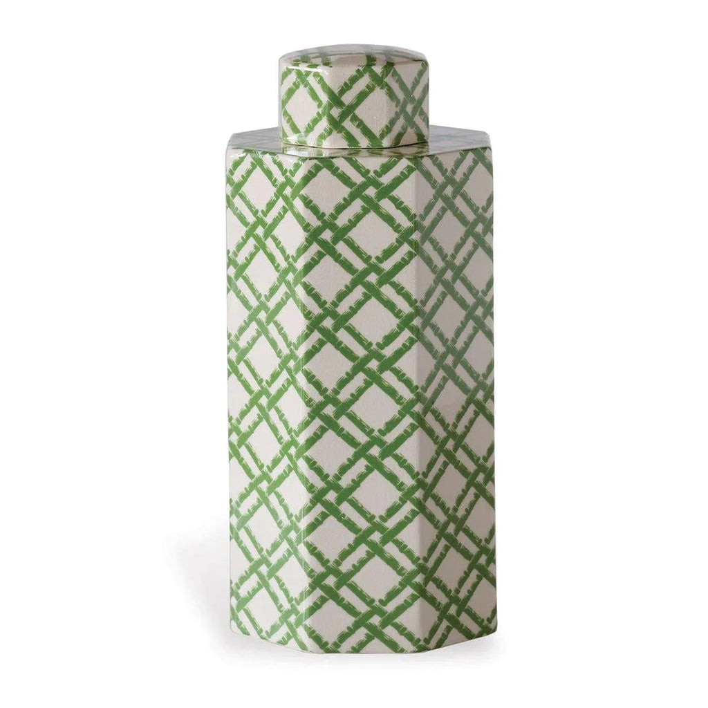 Small Green on Cream Porcelain Tea Jar with Bamboo Trellis Design - Vases & Jars - The Well Appointed House