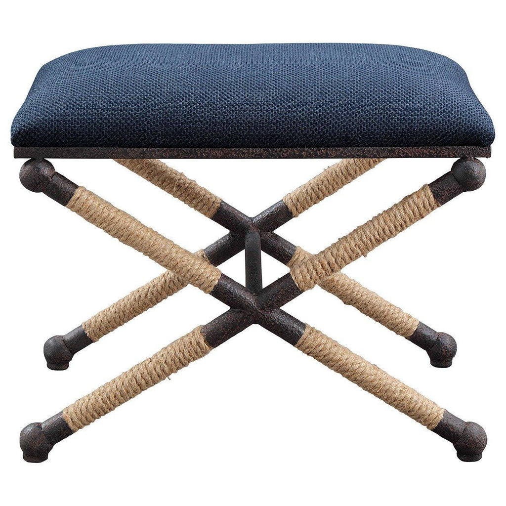 Small Navy Cushioned Bench With Nautical Rope Accents - Ottomans, Benches & Stools - The Well Appointed House
