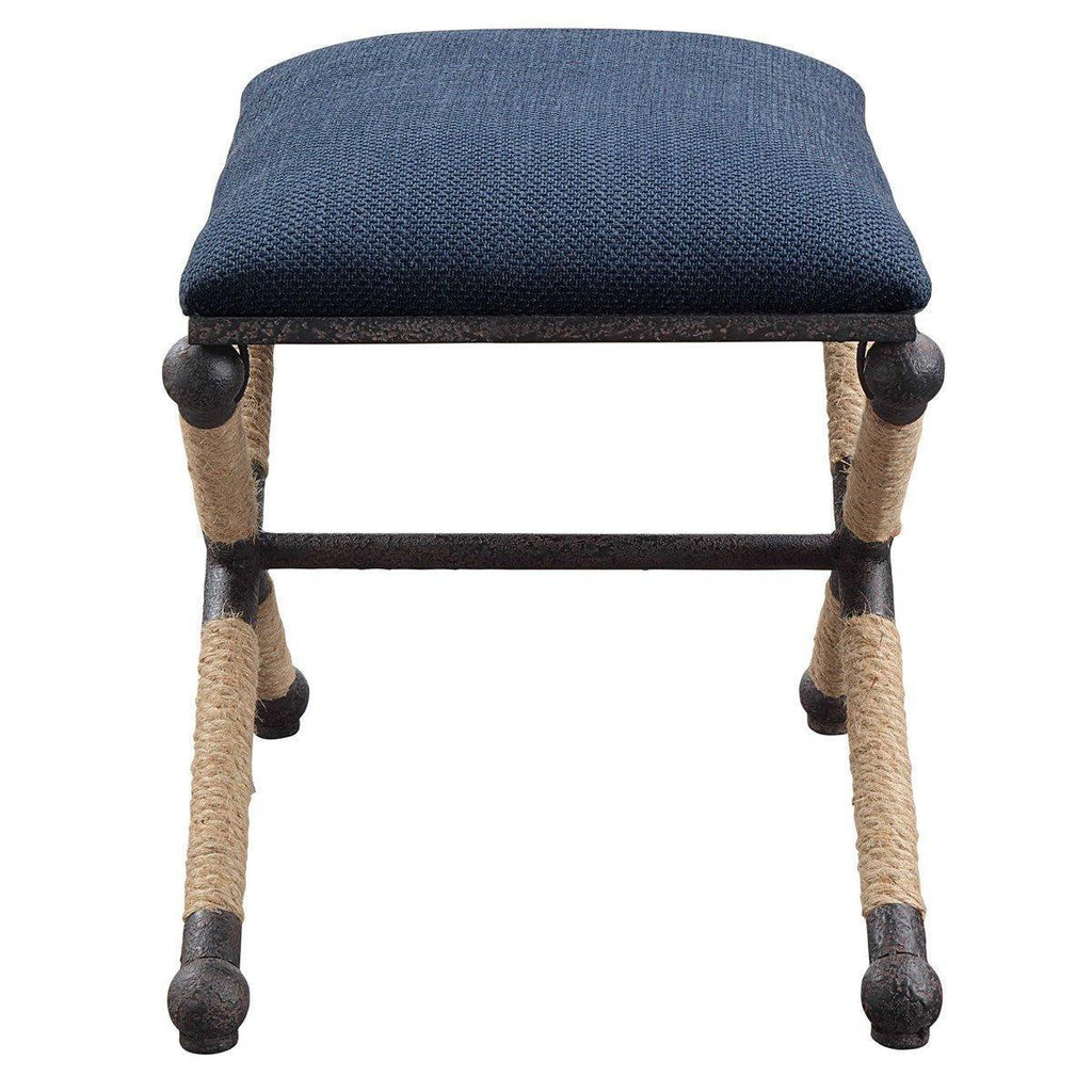 Small Navy Cushioned Bench With Nautical Rope Accents - Ottomans, Benches & Stools - The Well Appointed House