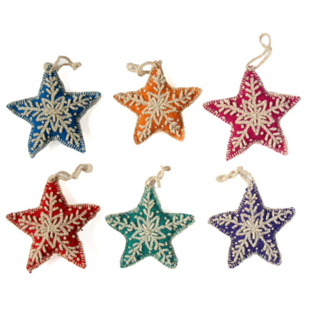 Set of Six Handmade Embroidered Star Christmas Tree Ornaments - The Well Appointed House