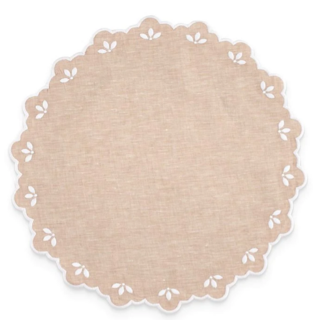 Scalloped Edge Embroidered Sand Linen Placemat - The Well Appointed House