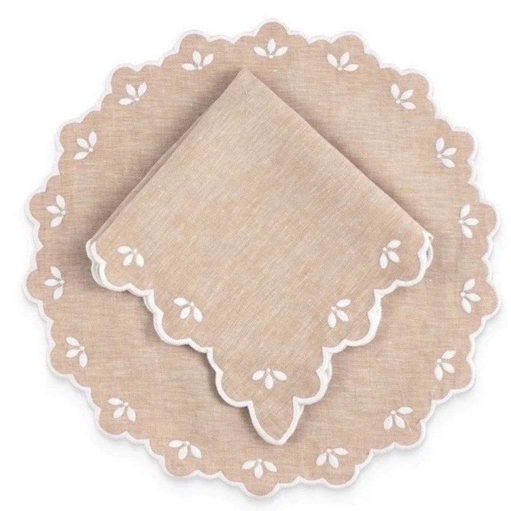 Scalloped Edge Embroidered Sand Linen Placemat - The Well Appointed House