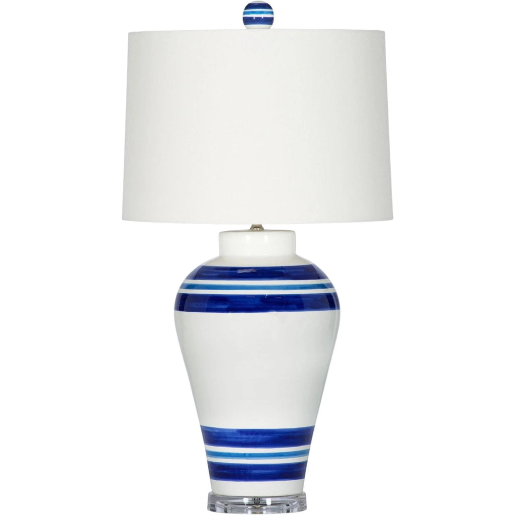 Striped Blue and White Ceramic Table Lamp with White Shade and Clear Base - Table Lamps - The Well Appointed House