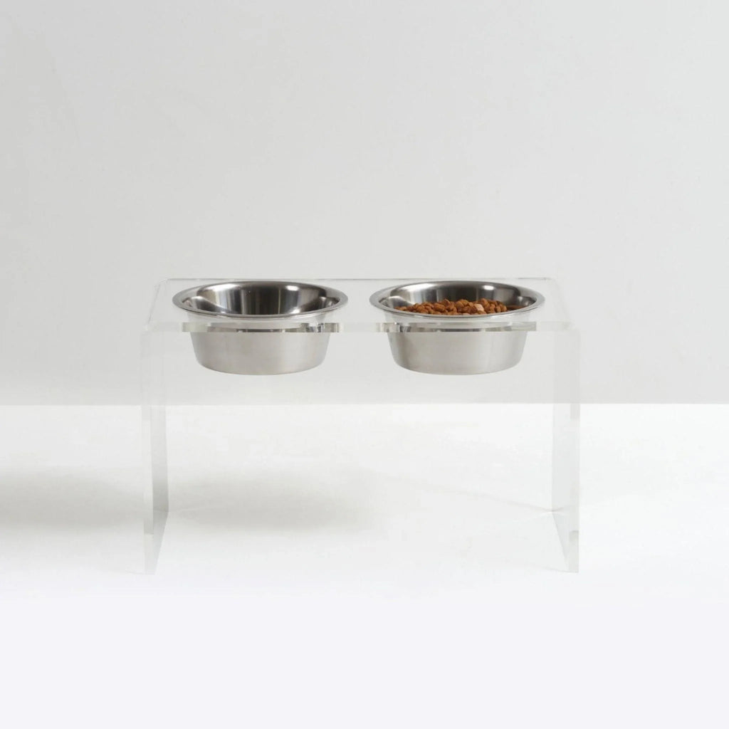 Tall Clear Double Dog Bowl Feeder with Silver Bowls - Pet Accessories - The Well Appointed House