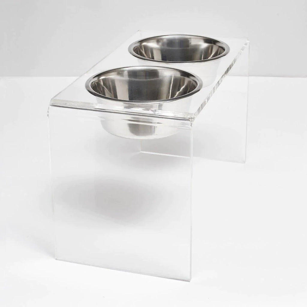 Tall Clear Double Dog Bowl Feeder with Silver Bowls - Pet Accessories - The Well Appointed House