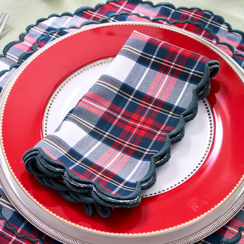 Red & White Tartan Plaid With Green Trim Dinner Napkin - The Well Appointed House