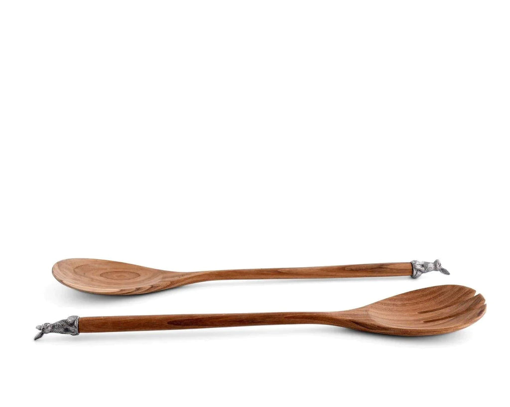 Teak Salad Serving Utensils with Pewter Bunny Detail - Serveware - The Well Appointed House
