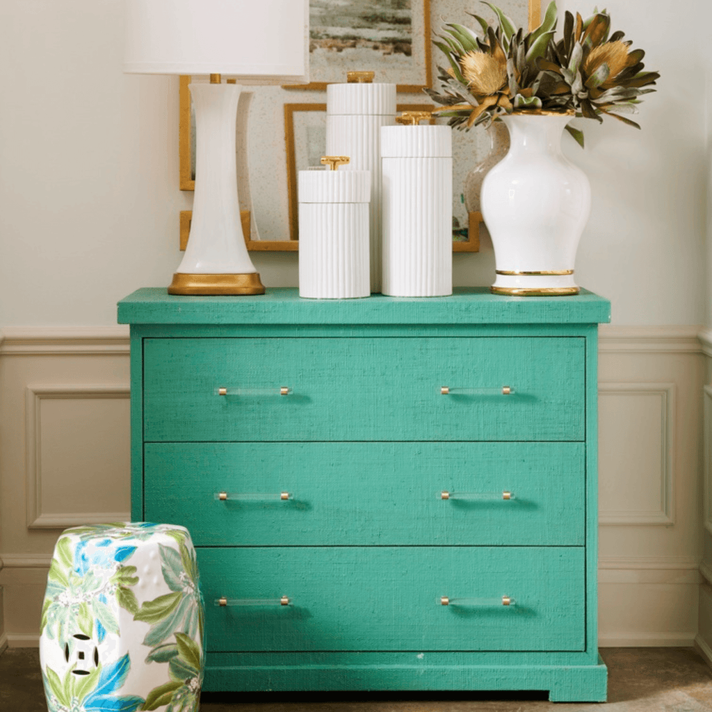 Teal Green Raffia Covered Side Chest - Nightstands & Chests - The Well Appointed House