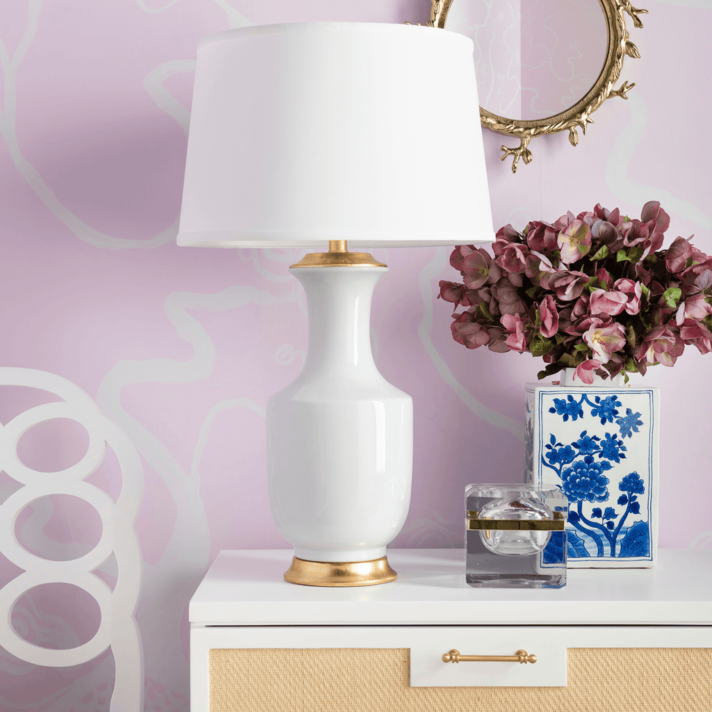 Thalia Lamp With Gold Leaf Base in White Smoke - Table Lamps - The Well Appointed House