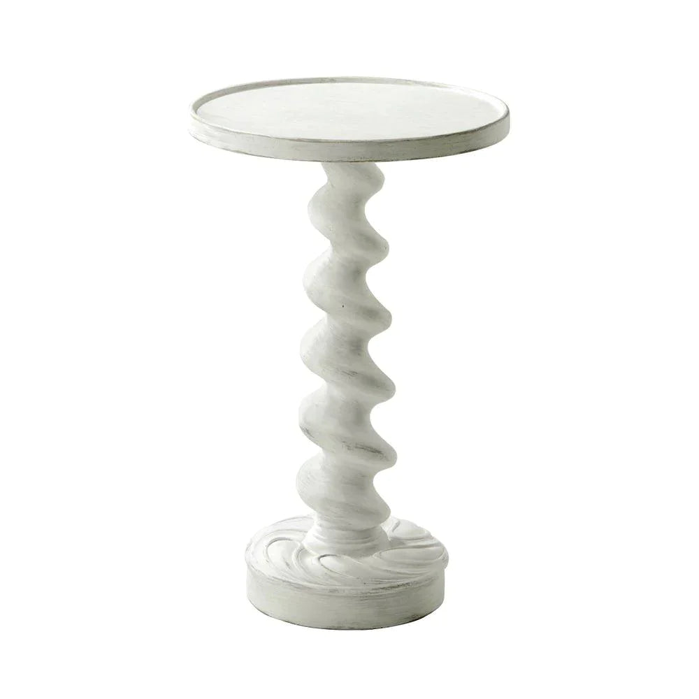 The Croix Circular Accent Table with Carved Column & Plinth Base in White Distressed Finish - Side & Accent Tables - The Well Appointed House