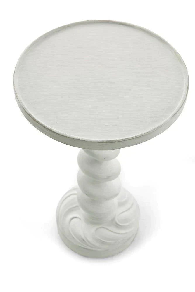 The Croix Circular Accent Table with Carved Column & Plinth Base in White Distressed Finish - Side & Accent Tables - The Well Appointed House