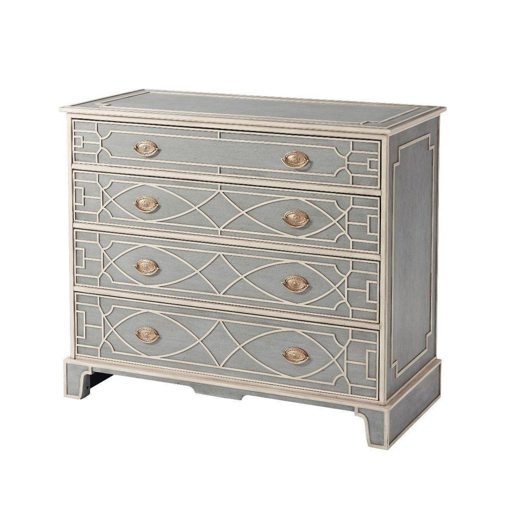 The Morning Room Grey Fretwork Chest with Four Drawers and Brass Handles - Nightstands & Chests - The Well Appointed House
