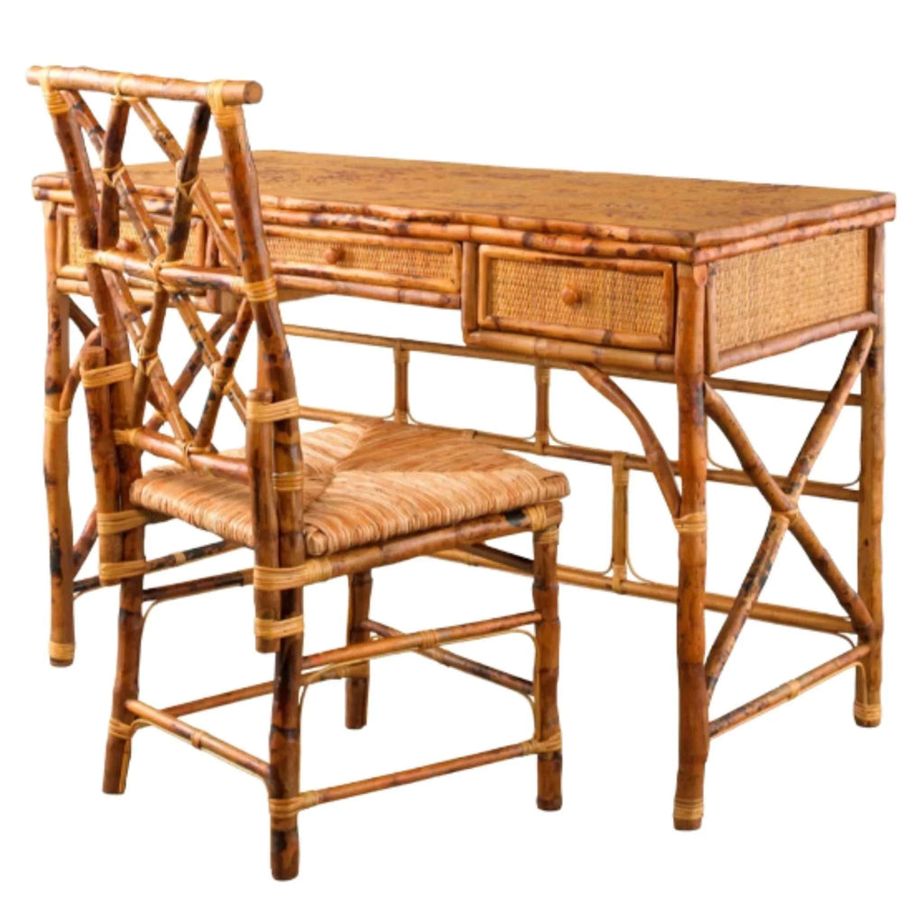 Tortoise Finish Desk & Chair Set With Rush Seat - Desks & Desk Chairs - The Well Appointed House