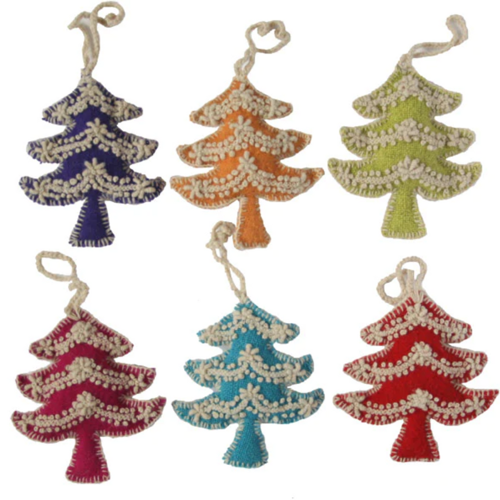 Set of Six Handmade Embroidered Wool Christmas Tree Ornaments - The Well Appointed House