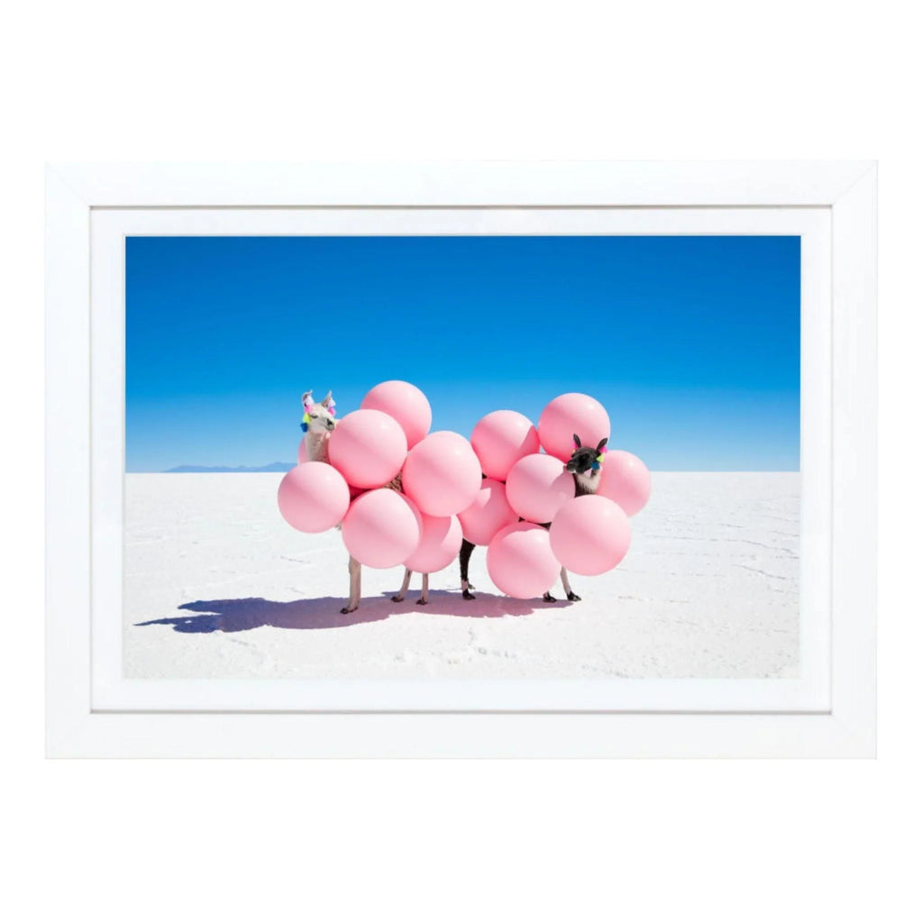 Two Llamas with Pink Balloons II Mini Framed Print by Gray Malin - Little Loves Art - The Well Appointed House