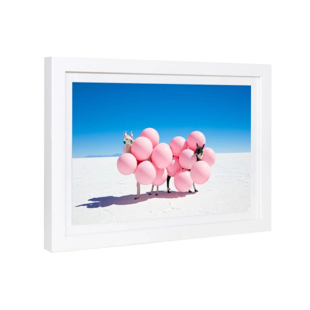 Two Llamas with Pink Balloons II Mini Framed Print by Gray Malin - Little Loves Art - The Well Appointed House