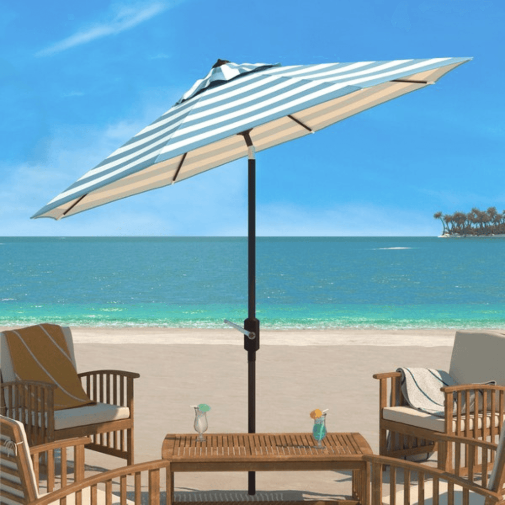 UV Resistant Aqua Blue & White Striped 9' Auto Tilt Outdoor Patio Umbrella - Outdoor Umbrellas - The Well Appointed House