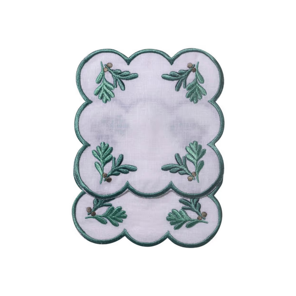 Set of 6 White Linen Coasters With Green Violette Embroidery - The Well Appointed House