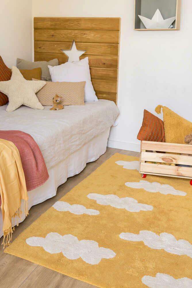 Washable Mustard Yellow Rug With White Clouds for Kids - Little Loves Rugs - The Well Appointed House