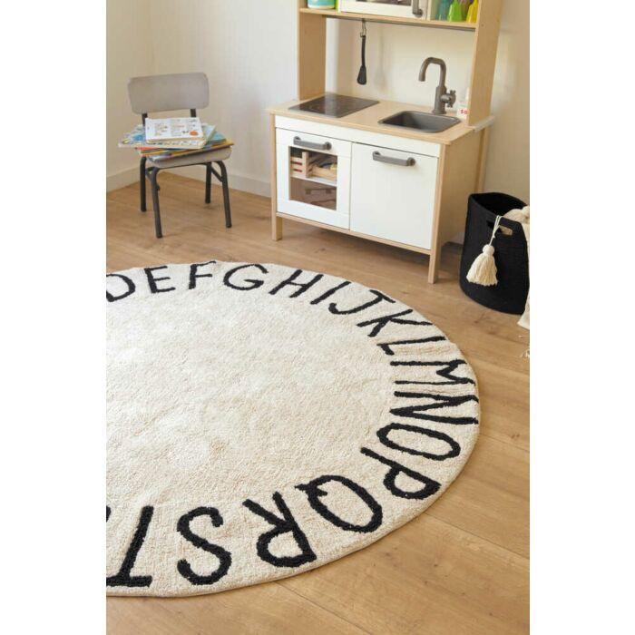 Washable Round Natural & Black Alphabet Rug for Kids - Little Loves Rugs - The Well Appointed House