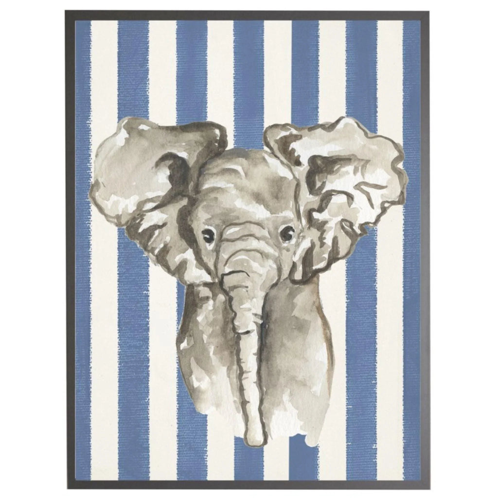 Watercolor Baby Elephant on Navy Stripes Framed Wall Art - Little Loves Art - The Well Appointed House