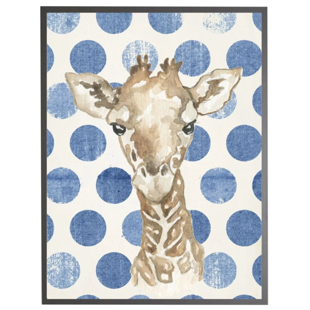Watercolor Baby Giraffe on Navy Polka Dots Framed Wall Art - Little Loves Art - The Well Appointed House