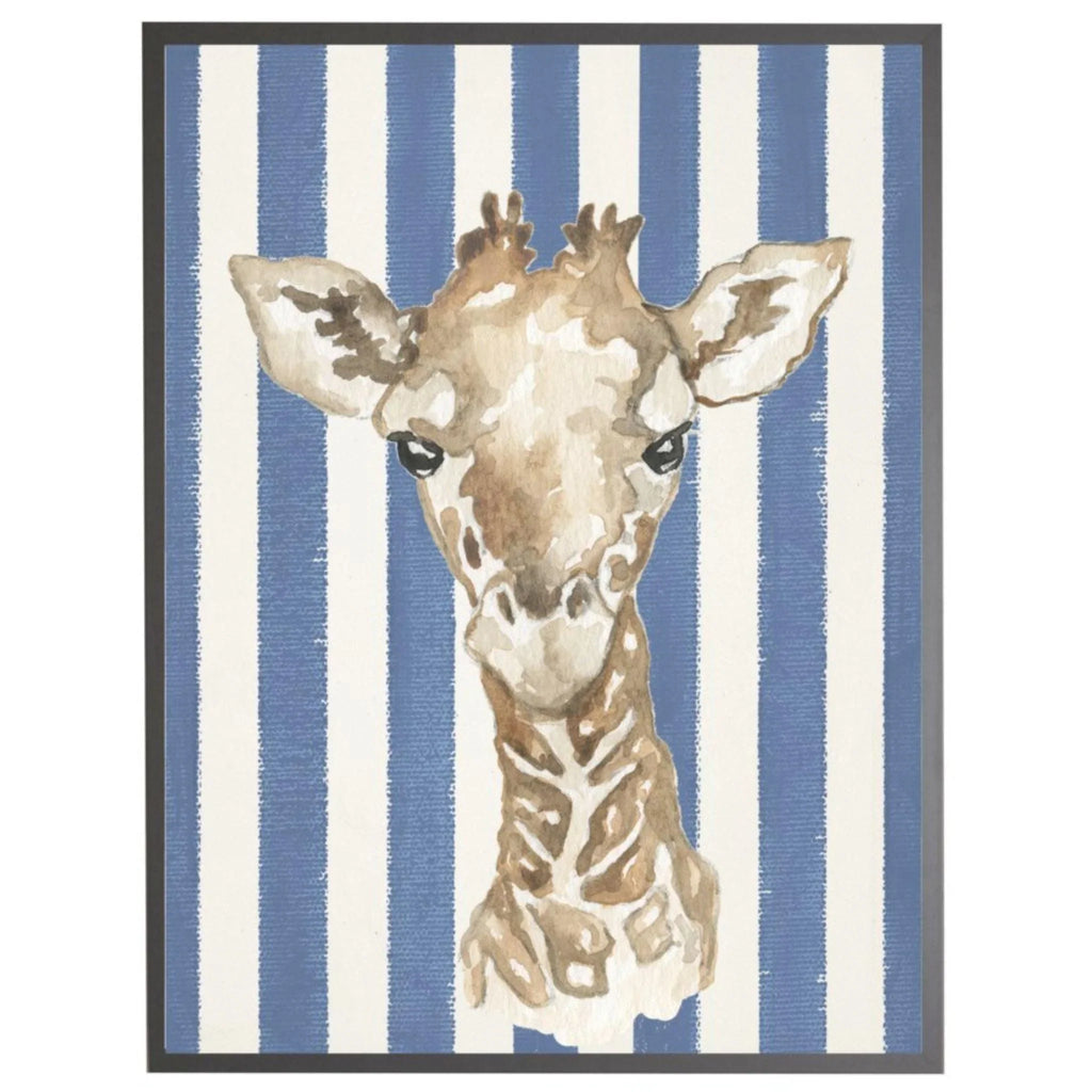 Watercolor Baby Giraffe on Navy Stripes Framed Wall Art - Little Loves Art - The Well Appointed House
