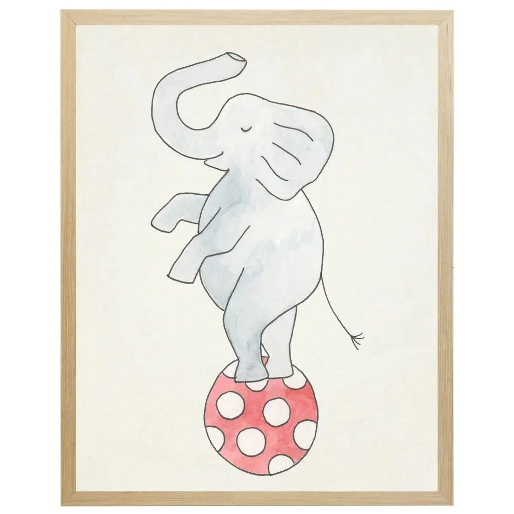 Watercolor Circus Elephant on Polka Dotted Ball Children’s Framed Wall Art - Little Loves Art - The Well Appointed House